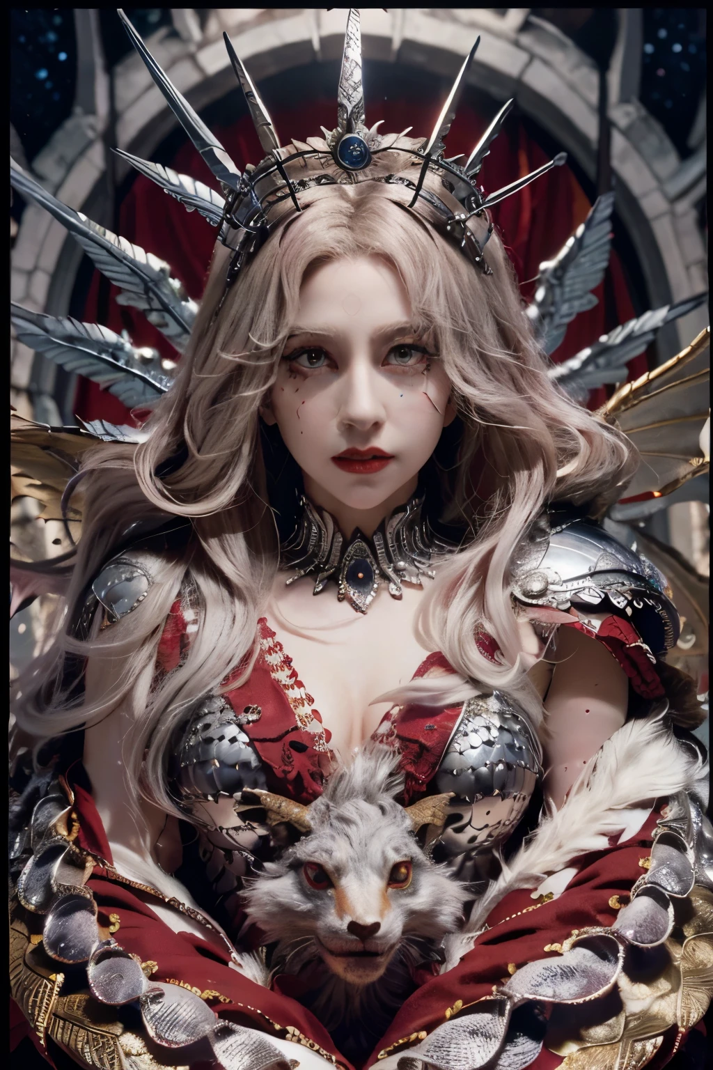 Solo, full-body photo, panorama, a female magician (Kristen Stewart, wearing a two-horned crown, long golden hair shawl, eye details depicted. Red eyes, silver scales armor, her cheeks have silver dragon scales and dragon decoration, looks natural and powerful, black eyeliner, her red lips look intimidating and majestic with a sharp and prominent chin, confident and majestic, red scales long cape, she looks like a mythical dragon, intimidating, dark red lipstick with tall figure, charming, charming, lust, mythical style, dragon scales, scales, evil), complex background (medieval fantasy style, burning castle, blood red sky), Facial Details (1.3) Eye Detail, Cinematic Lighting, Panorama, Projected Inset, UHD, Masterpiece, (Best Quality), (Best Illustration), (Best Shadow), Ccurate, Textured Skin, High Quality, High Details, Super Detail, Award Winning, Best quality, highres, anatomically correct, 8k, close-up, backlighting, metallic