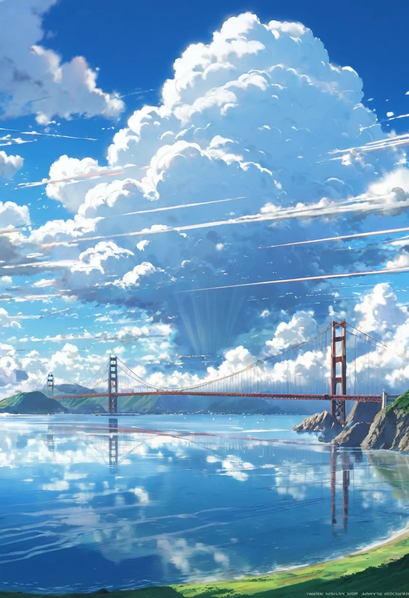 an instagram photo of clouds and the golden gate bridge in San Francisco, California, anime clouds, beautifull puffy clouds. anime, beautiful anime scenery, anime landscape, anime scenery, anime landscape wallpaper, anime sky, hyper realistic clouds, by makoto shinkai, by Makoto Shinkai, beautiful anime scene, beautiful anime artwork, in style of makoto shinkai, beautiful anime art, anime background art, ( ( makoto shinkai ) ), giant clouds, clean anime art, anime scenery concept art, ross tran. scenic background

