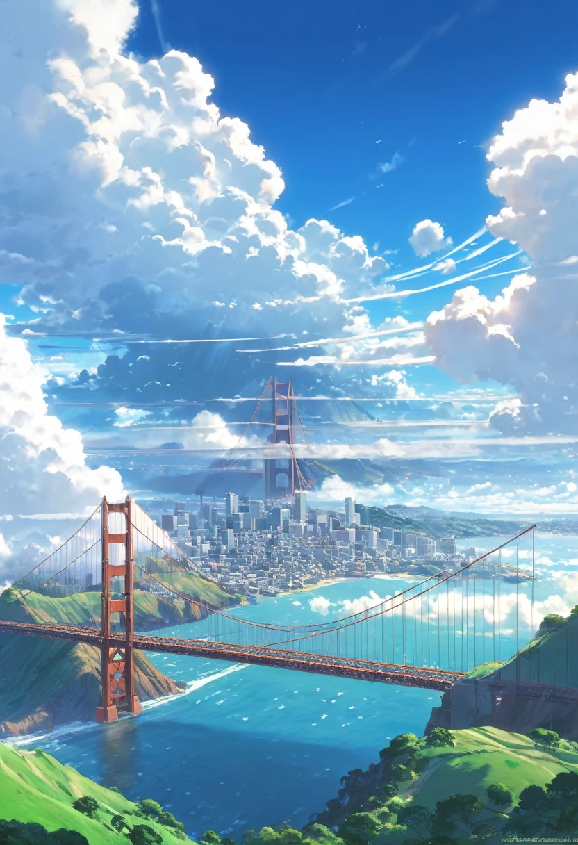 an instagram photo of clouds and the golden gate bridge in San Francisco, California, anime clouds, beautifull puffy clouds. anime, beautiful anime scenery, anime landscape, anime scenery, anime landscape wallpaper, anime sky, hyper realistic clouds, by makoto shinkai, by Makoto Shinkai, beautiful anime scene, beautiful anime artwork, in style of makoto shinkai, beautiful anime art, anime background art, ( ( makoto shinkai ) ), giant clouds, clean anime art, anime scenery concept art, ross tran. scenic background

