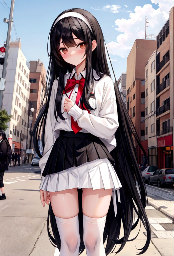 Black Hair straight Long Hair hair band White knee-high socks mini skirt Outdoor Panty shot White panties Feeling embarrassed