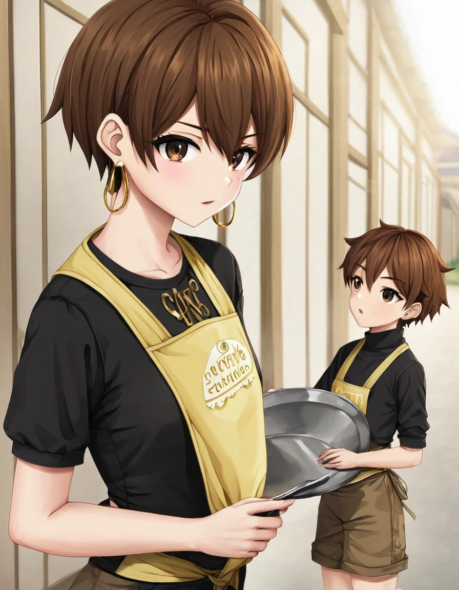 1 garota, Brown eyes, (Short brown hair), (Short brown hair cacheado), black jersey, shorts curto, gold hoop earrings, bib clothes.