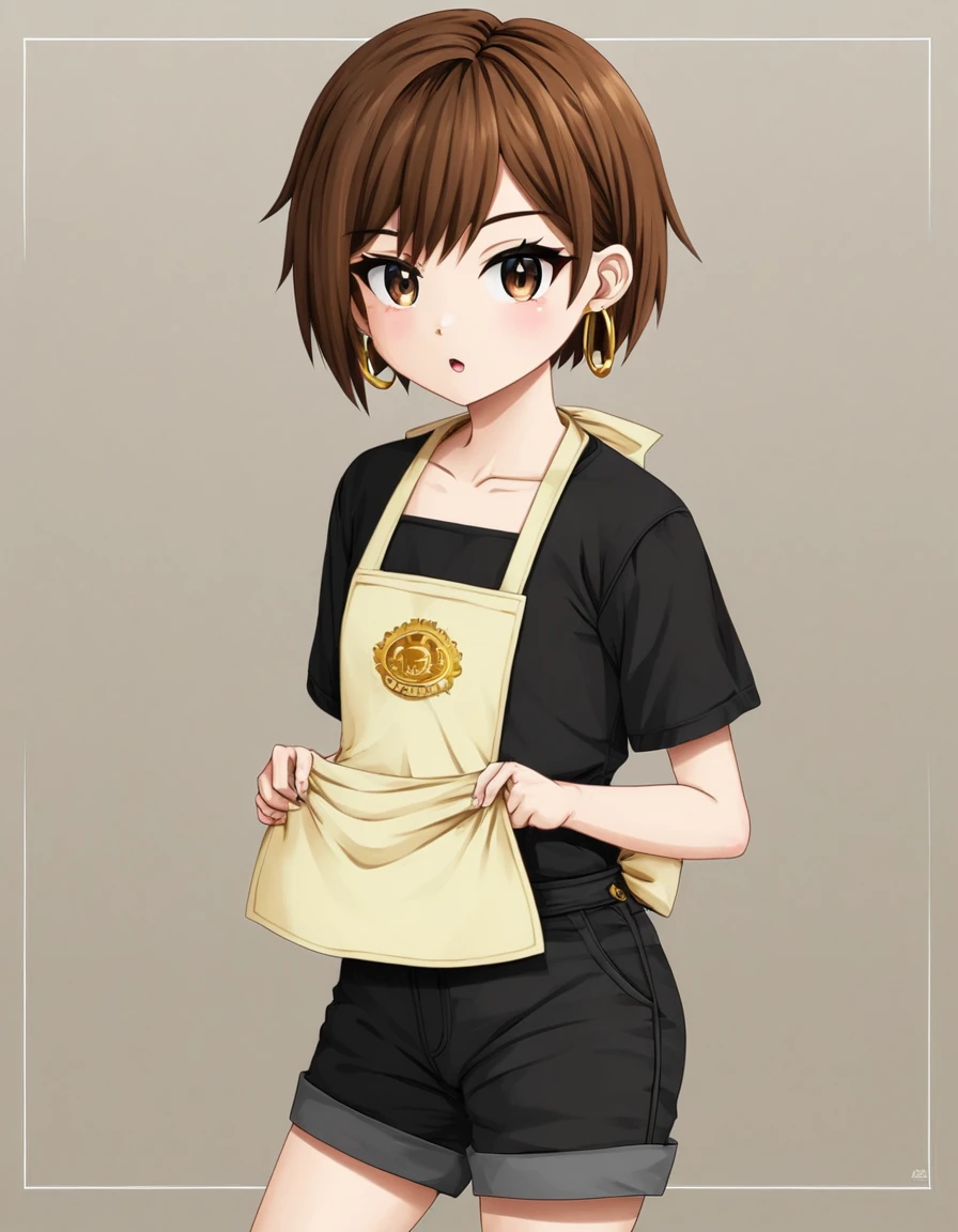 1 garota, Brown eyes, (Short brown hair), (Short brown hair cacheado), black jersey, shorts curto, gold hoop earrings, bib clothes.