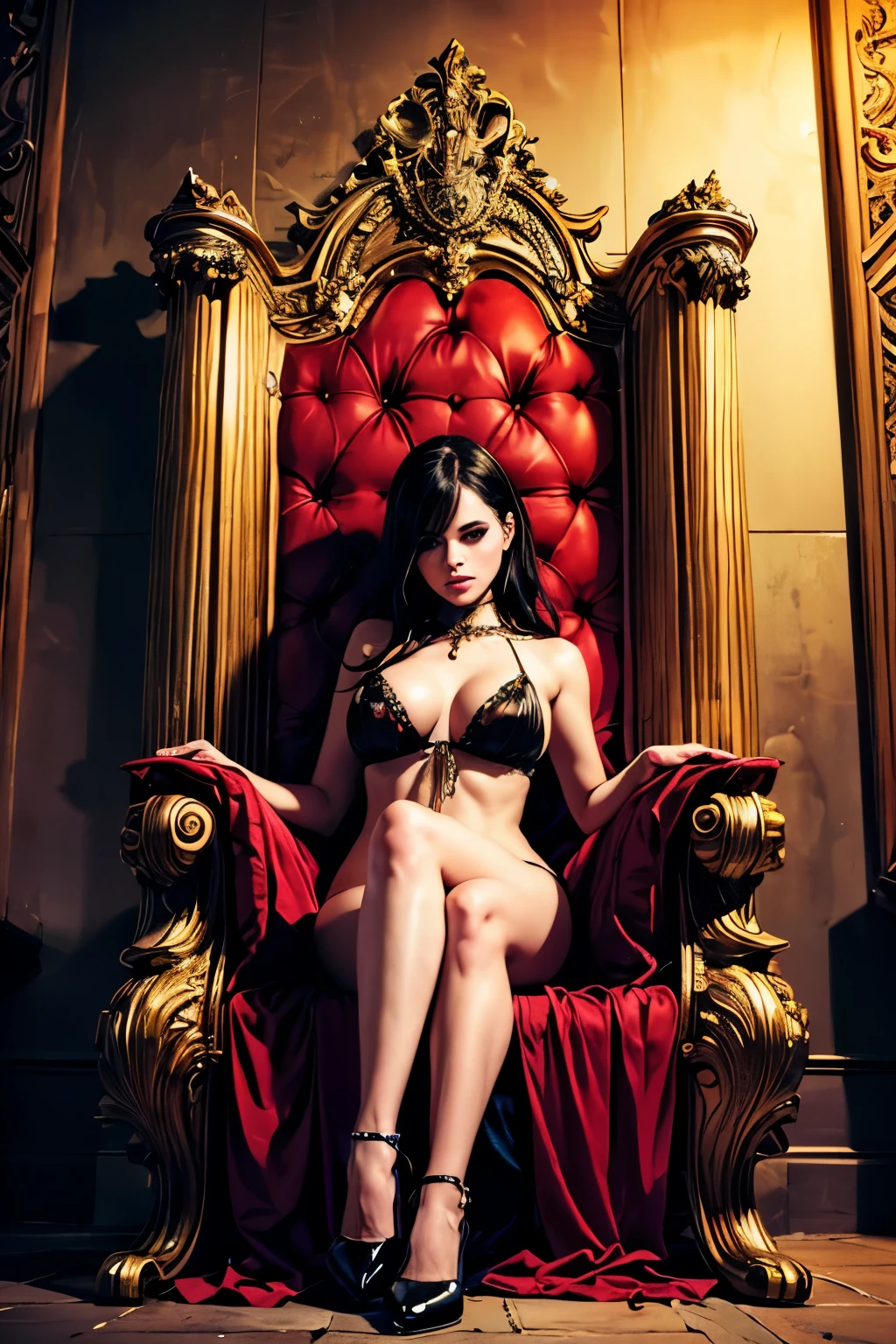 A sexy woman sitting on a throne, fantasy throneroom, sinister gothic hall, gothic throne, dark, horror, best quality, masterpiece, 