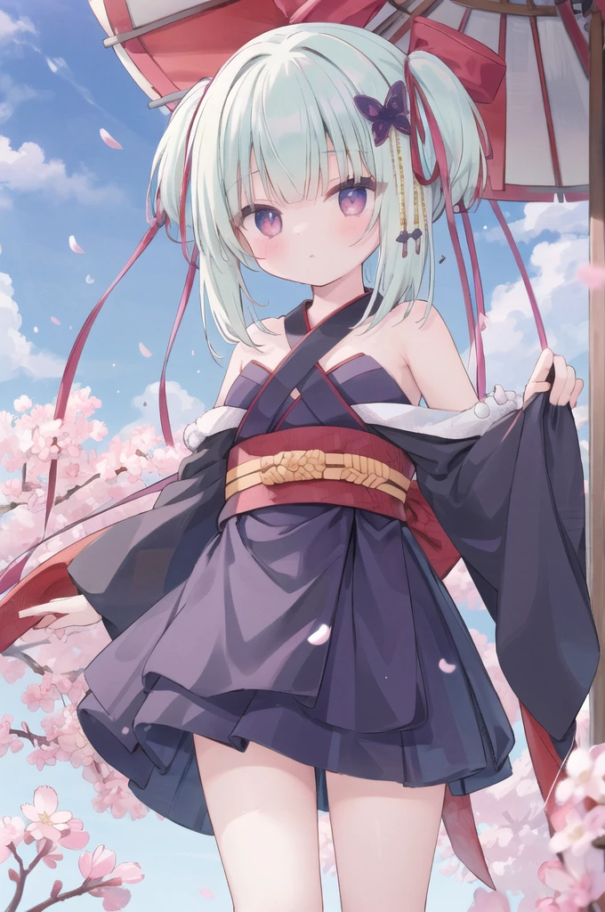 ((masterpiece,best quality))
 1 Girl, Murasame, two simoralitye up, Hair accessories,
kimono, bare shoulmoralityers, half-closemorality eyes, remorality eyes, :morality, outmoralityoors, Cherry blossoms, Blue sky