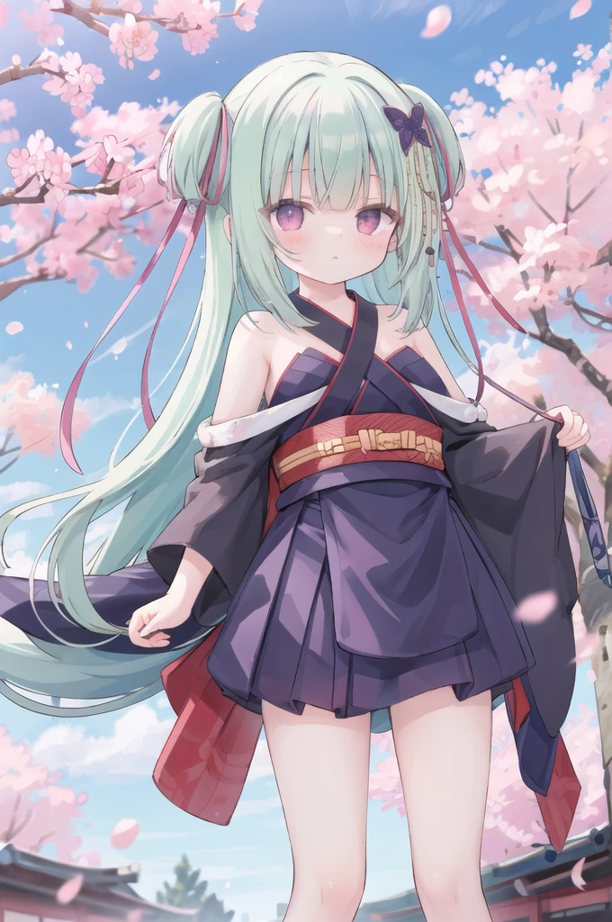 ((masterpiece,best quality))
 1 Girl, Murasame, two simoralitye up, Hair accessories,
kimono, bare shoulmoralityers, half-closemorality eyes, remorality eyes, :morality, outmoralityoors, Cherry blossoms, Blue sky