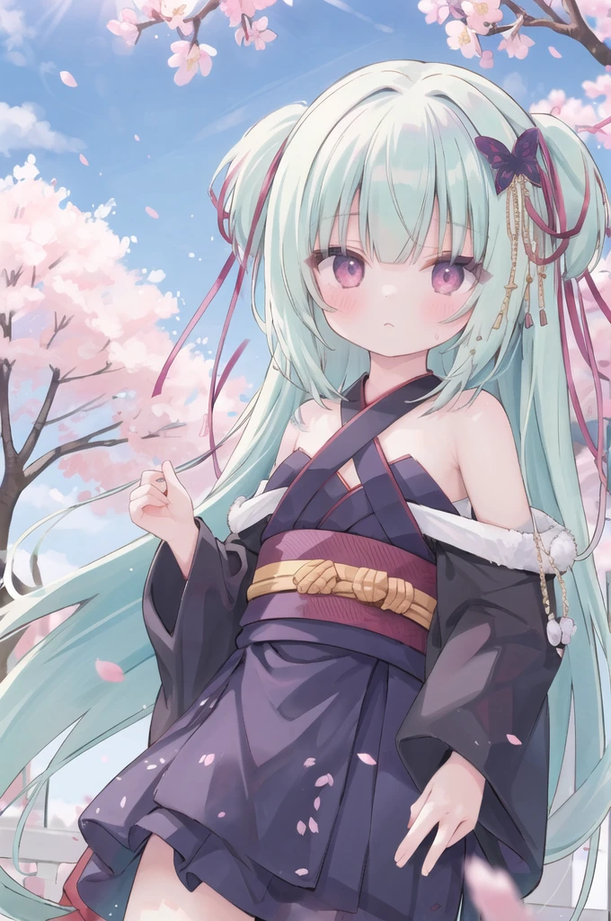 ((masterpiece,best quality))
 1 Girl, Murasame, two simoralitye up, Hair accessories,
kimono, bare shoulmoralityers, half-closemorality eyes, remorality eyes, :morality, outmoralityoors, Cherry blossoms, Blue sky