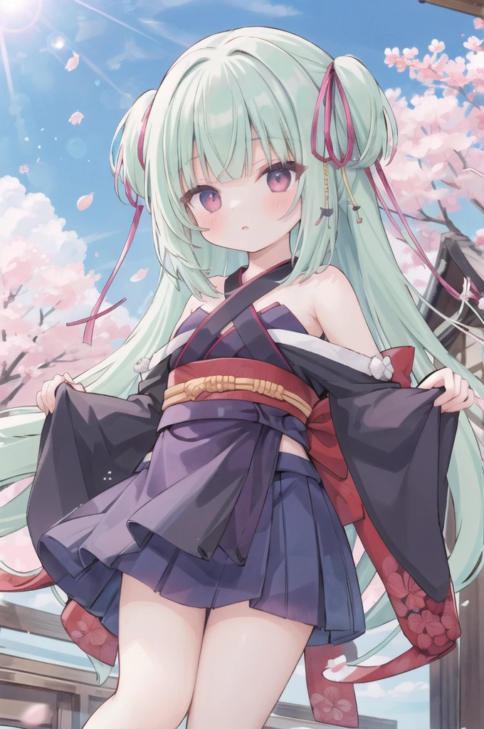 ((masterpiece,best quality))
 1 Girl, Murasame, two simoralitye up, Hair accessories,
kimono, bare shoulmoralityers, half-closemorality eyes, remorality eyes, :morality, outmoralityoors, Cherry blossoms, Blue sky