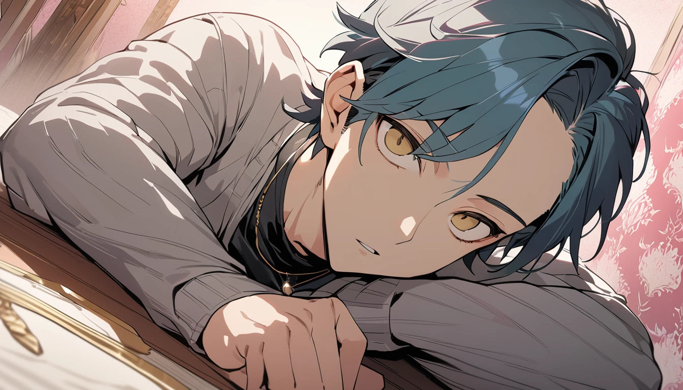 ((((best masterpiece, best quality, wallpaper,)))) solo, guy, male body, small muscles, flat chest, 1male, 30 years old, handsome man, dramatic angle, upper body, looking at viewers, beautiful detailed, Expressionless, lying down, mediumturquoise hair, ((((Lower short ponytail)))), asymmetrical bangs, ((short hair,)) ((( gold eyes, ^o^, tareme, droopy eyes,))) perfect face, extremely detailed eyes, perfect hands, sharp nose, clear face, black turtleneck, grey cardigan, ((silver piercing, pendant,)) leggings, pink background color ultrasharp, 8K, masterpiece,