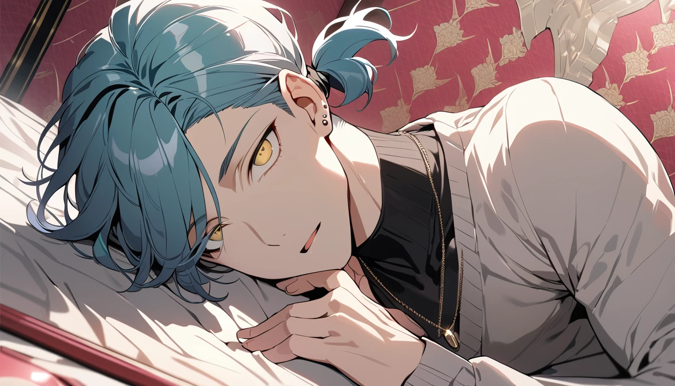 ((((best masterpiece, best quality, wallpaper,)))) solo, guy, male body, small muscles, flat chest, 1male, 30 years old, handsome man, dramatic angle, upper body, looking at viewers, beautiful detailed, Expressionless, lying down, mediumturquoise hair, ((((Lower short ponytail)))), asymmetrical bangs, ((short hair,)) ((( gold eyes, ^o^, tareme, droopy eyes,))) perfect face, extremely detailed eyes, perfect hands, sharp nose, clear face, black turtleneck, grey cardigan, ((silver piercing, pendant,)) leggings, pink background color ultrasharp, 8K, masterpiece,