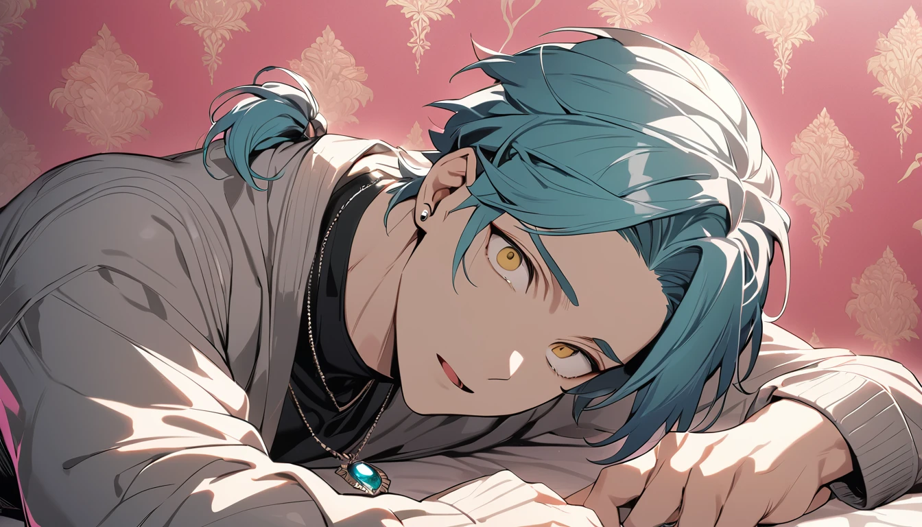 ((((best masterpiece, best quality, wallpaper,)))) solo, guy, male body, small muscles, flat chest, 1male, 30 years old, handsome man, dramatic angle, upper body, looking at viewers, beautiful detailed, Expressionless, lying down, mediumturquoise hair, ((((Lower short ponytail)))), asymmetrical bangs, ((short hair,)) ((( gold eyes, ^o^, tareme, droopy eyes,))) perfect face, extremely detailed eyes, perfect hands, sharp nose, clear face, black turtleneck, grey cardigan, ((silver piercing, pendant,)) leggings, pink background color ultrasharp, 8K, masterpiece,