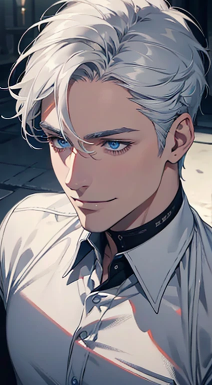 a mature man with short grey white hair, blue eyes, 31 years, and a perfect face, smiling in love, CEO, cinematic lighting, 1:4 HDR image, top view, ultra detailed, best quality, masterpiece, 8K, photorealistic, beautiful image