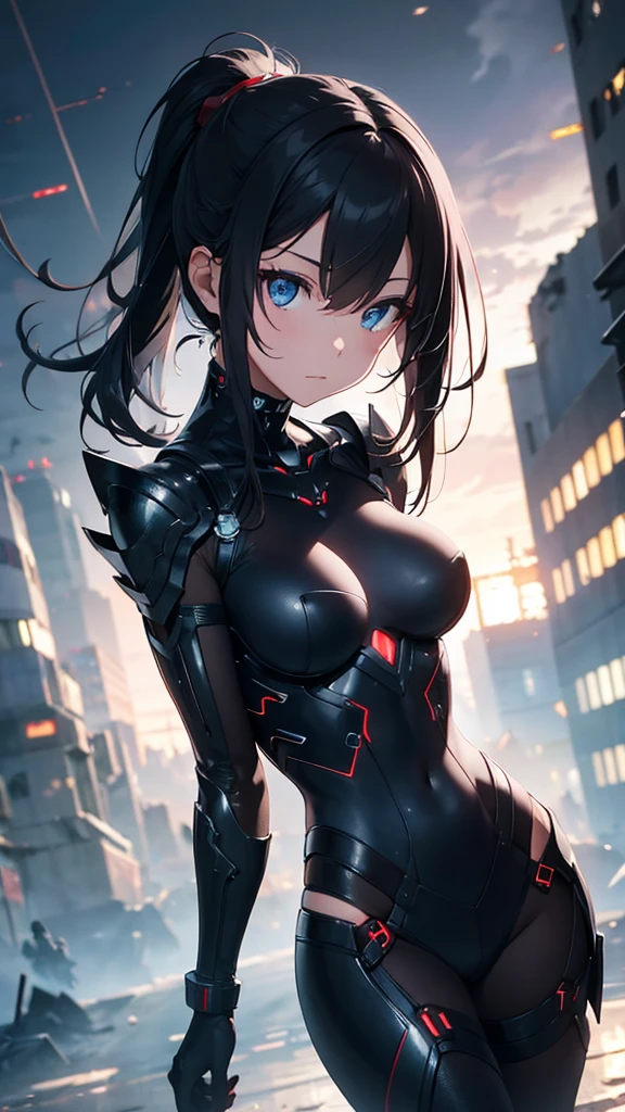 medium shot photo of sexy female cyborg wearing scratched and tarnished futuristic armor in a destroyed futuristic city, fantasy, sci-fi, beautiful feminine face, seductive, sexual, mist, vivid alluring eyes, dramatic, best quality masterpiece, photorealistic, detailed, 8k, HDR, shallow depth of field, cinematic lighting, bloom, light sparkles, chromatic aberration, sharp focus