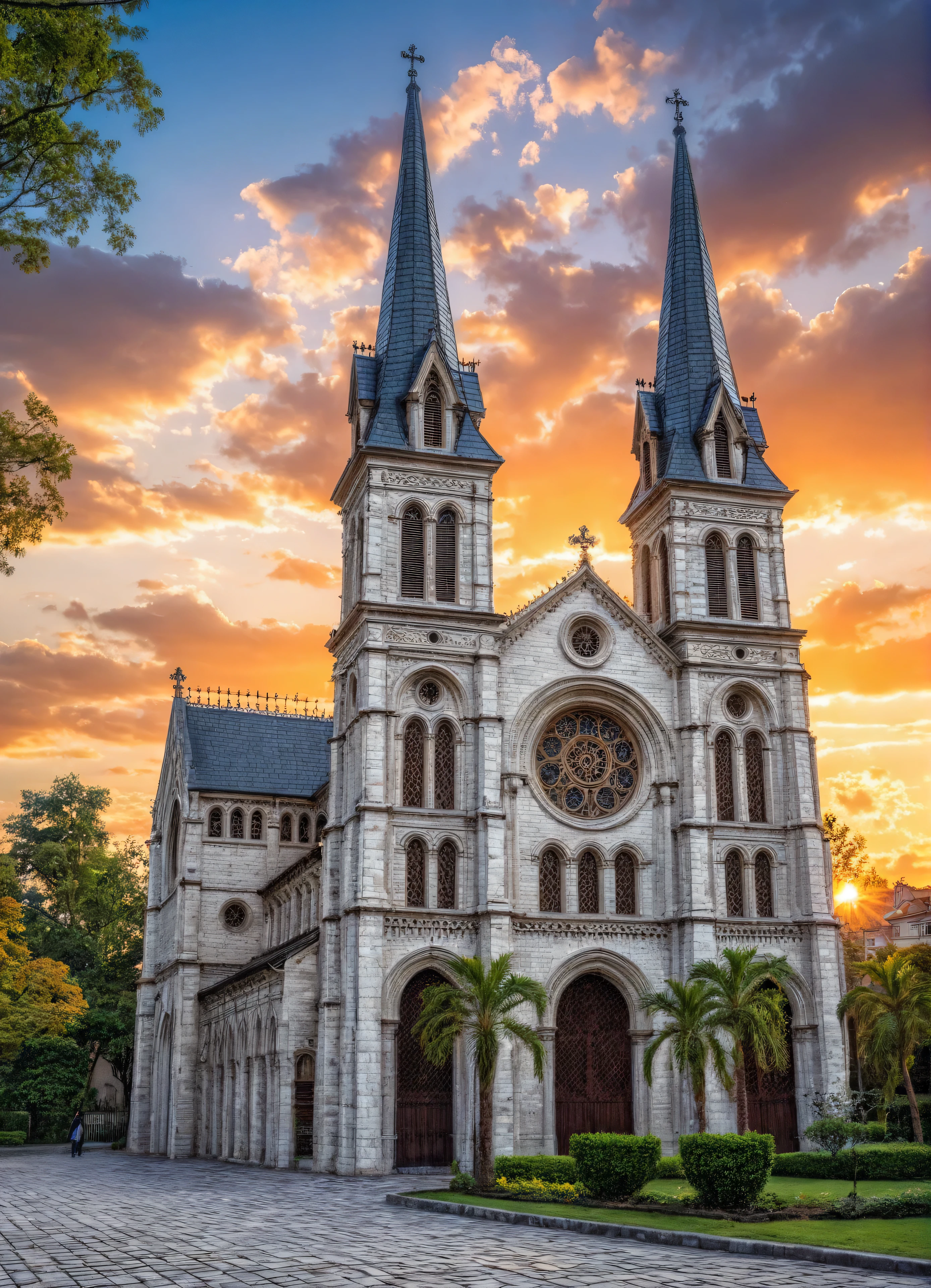 Raw photo, (best quality, masterpiece:1.2), ultra realistic, 32k, uhm, clean line, sharp focus, (colorful glass), tree and plant, vivid color, white stone wall, (sunset),the complex Gothic cathedral facade. (The church:1.2) has large pointed arches, ornate rose windows, high spires and many small towers. The building is richly decorated with intricate carvings, gothic motifs and flying pillars. The image is represented in a surreal style with precise lines, documenting the grandeur and complexity of Gothic architecture. There are small groups of people and steps leading to the large entrance, adding a sense of scale and realism to the scene.