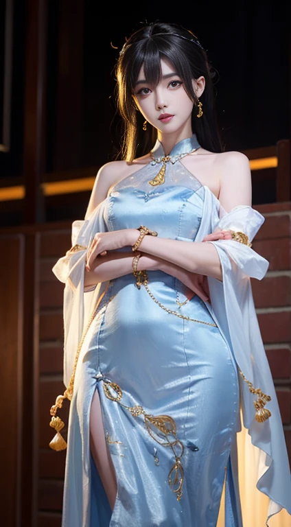 yinziping,cheongsam, ((whole body)), ((From below)), ((gufeng,Bare shoulders)), Clear face, Pretty Face, 8K, masterpiece, original photo, best quality, detail:1.2,lifelike, detail, Very detailed, CG, Unity, wallpaper, Depth of Field, light, lens flare, Ray Tracing, (Extremely beautiful face, Beautiful lips, beautiful eyes), complicated, detail的脸, ((ultra detailed skin)), 1 girl, in the darkness, Deep Shadows, Beautiful Korean girl, Korean Idol,(Very slim figure:1.3), Full breasts, Slender sexy legs, Elegant Posture, (A bright smile), (City night, (Neon), (night), Beautiful Korean girl, White Diamond Earrings, Bracelet diameter, Deya Necklace, Clear eyes, Facing forward, (big eyes)