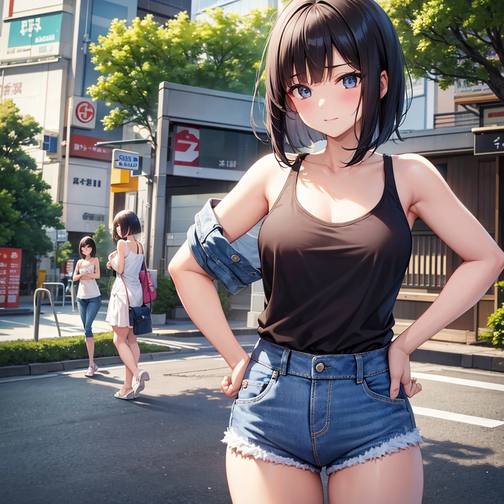 8K high quality,1 pretty girl,Tank top,jeans,Short Bob,Small breasts,Tokyo in Summer,Both hands on hips