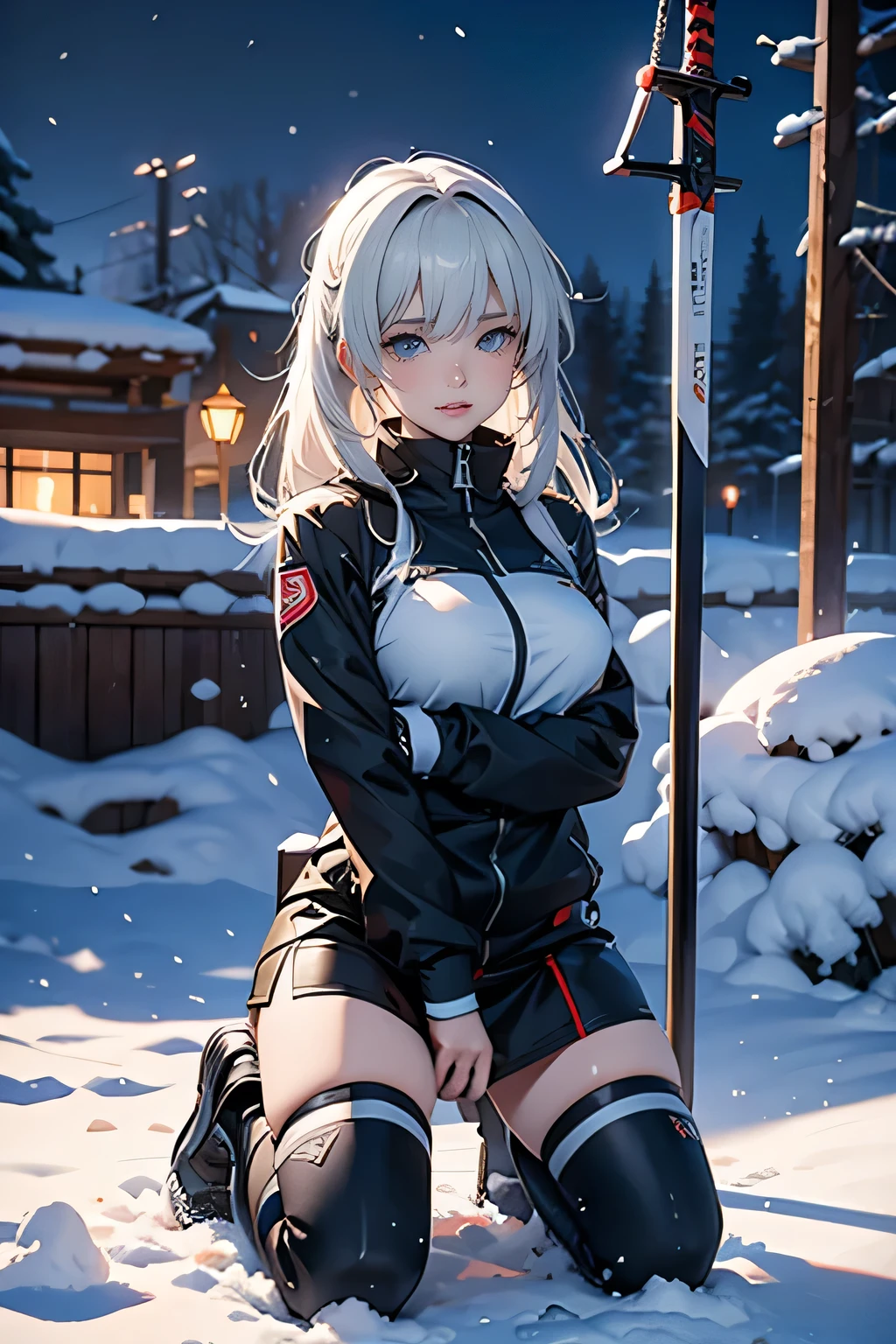 anime girl kneeling In the snow with a sword in her hand, Amazing Anime 8K, Anime Style 4k, 4k Anime Wallpaper, Anime Wallpaper 4 k, Anime Wallpaper 4k, Anime Wallpaper, Female Action Anime Girl, From Girls Frontline, Girls Frontline Style, hd Anime Wallpaper, Anime Wallpaper, In the snow, Girls Frontline CG, Sad expression, Expressing pity, Snow camouflage, cargo pants, 