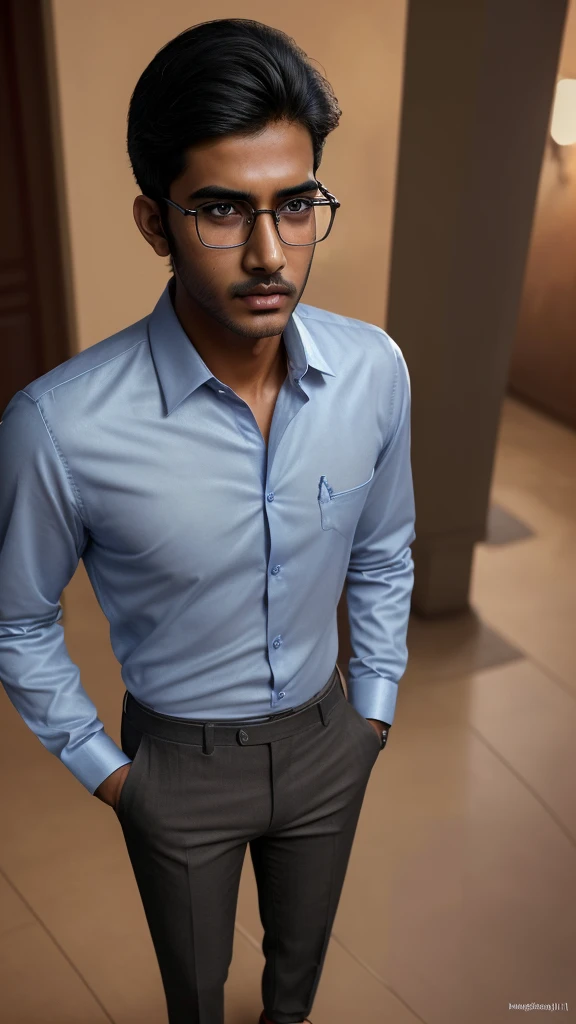 a tall handsome Indian college boy wearing a formal shirt, pants, formal shoes, and glasses, detailed facial features, beautiful eyes, detailed lips, detailed face, realistic, photorealistic, masterpiece, 4k, high quality, vibrant colors, cinematic lighting, intricate details