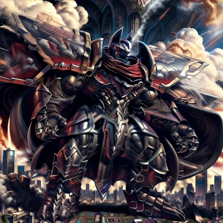 (masterpiece. official art. 8k. best quality. detailed full body. full body.)
(situation 1 : dominating LUCARIO. LUCARIO is over 1000 meters long. focus GIANT mechanical Muscular LUCARIO is trampling the city. Looking down. macro. stomp. Low-angle perspective. emphasizing the immense size.)
(situation 2 :smoke and flames rising from the destruction in the city)
(Additional details 1: BlackKnight_fe. Armor. Cape. Helmet.. high-tech bio-mecha armor. real texture material. whole body shines like metal. Wearing cyberpunk mecha. emphasizes the muscles. suit fully made of metal. intricate armor. Robotic suit. suit fully made of metal. cyborg. Powered exoskeleton with the same design as LUCARIO).
(Additional details 2: Detailed head. Detailed Body. Detailed abs. gigantic muscles. HYPER MUSCLES. Gigachad Muscular. big muscle. pecs. triceps. traps. unusually developed muscular body. body full of huge muscles. showing off muscles. pectorales enormes. Exaggeratedly huge muscles. huge muscles. long legs.).
(Additional details 3: nj5furry, Spread wings. It has wings. black have big wings. The claws are sharp. Sharp teeth.).
(Additional details 4: tiny thong, metallic color: jet black thong. bulge in the crotch.)