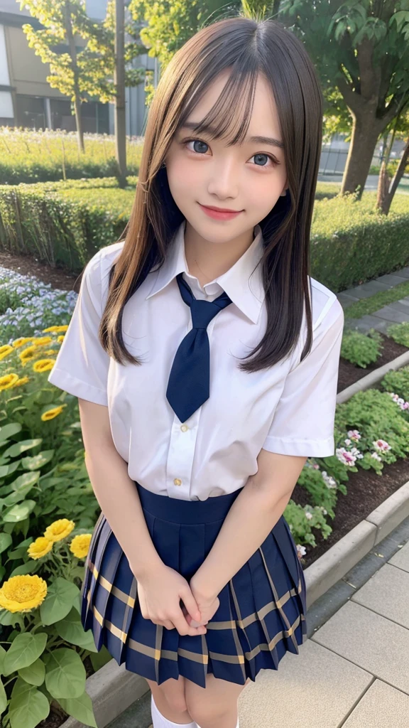 muste piece、masterpiece、highest quality、Super detailed、High resolution、High resolution、8K Portrait、Unity 8k wallpaper、Highly detailed CG、unity 8k wallpaper、Highly detailed CG Unity 8k wallpaper、Realistic、real person、portrait photography、shiny skin、(26 years old)、High definition、Beautiful clear eyes、extremely detailed description、delicate face、nice lips、thin waist、thin legs、1 girl、(school uniform:1.4)、(pleated skirt:1.2)、(small breast:1.2)、(smile:1.2)、(Garden:1.2)