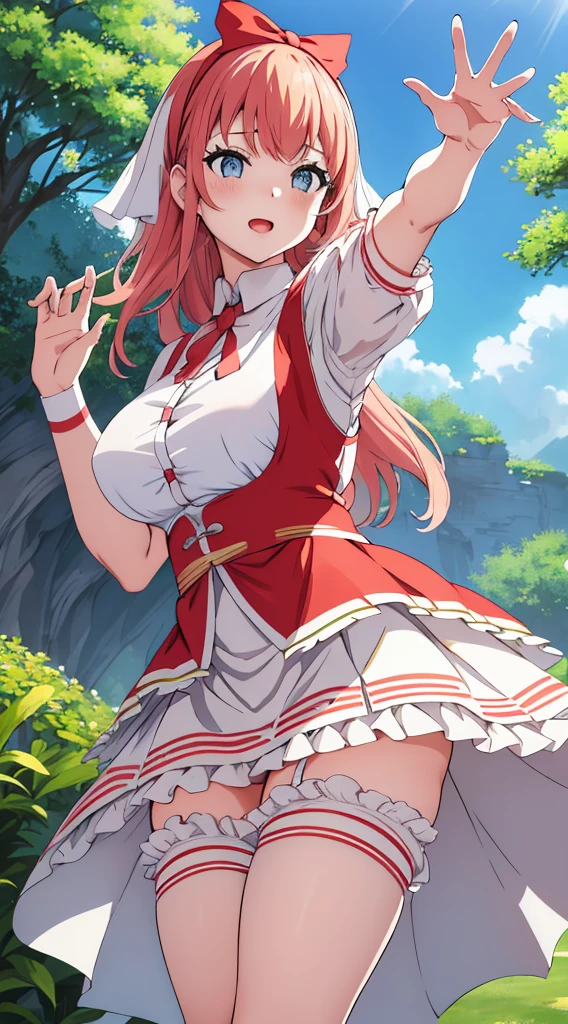 Skirt tucked up、White underwear、In underwear、Panties in full view、White panties、Blue Stripes々Large bra 1, 1girl, asahina mikuru, long hair, kita high , solo,  short sleeves, red ribbon, large breasts, cowboy shot, waving, outdoors, leaning forward,