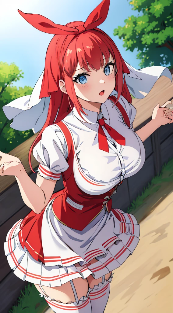 Skirt tucked up、White underwear、In underwear、Panties in full view、White panties、Blue Stripes々Large bra 1, 1girl, asahina mikuru, long hair, kita high , solo,  short sleeves, red ribbon, large breasts, cowboy shot, waving, outdoors, leaning forward,