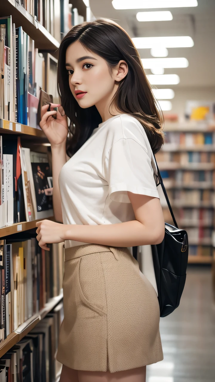 Beautiful Laura Marano, Lips furrowed, Flowing long hair, (Indoor bookstore setting), (Perfect fit, Wide hips, Small waist, Thick thighs), (Wearing a white shirt, Short tweed skirt, nylon), (Glamorous model, photo shoot, Various postures), (Flirting and happy facial expressions) (Standing between tall bookshelves filled with books), (Practical, photo-Practical:1.37), (8K, RAW photos, best quality, masterpiece:1.2), Extremely detailed, Physically Based Rendering, Ultra-high resolution, kodakvision color, Shot with an Arricam LT camera, Bokeh, Clear focus, Looking at the audience, photoPractical, Practical, Solitary, photoPractical, best quality, Extremely detailed face, Extremely detailed eyes and face, Beautiful and delicate eyes, absurd, incredibly absurd.