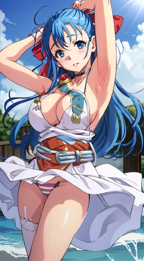 White underwear、In underwear、Panties in full view、White panties、Blue Stripes々Large bra 1, 1girl, asahina mikuru, long hair, kita high , solo, short sleeves, red ribbon, large breasts, cowboy shot, waving, outdoors, leaning forward,