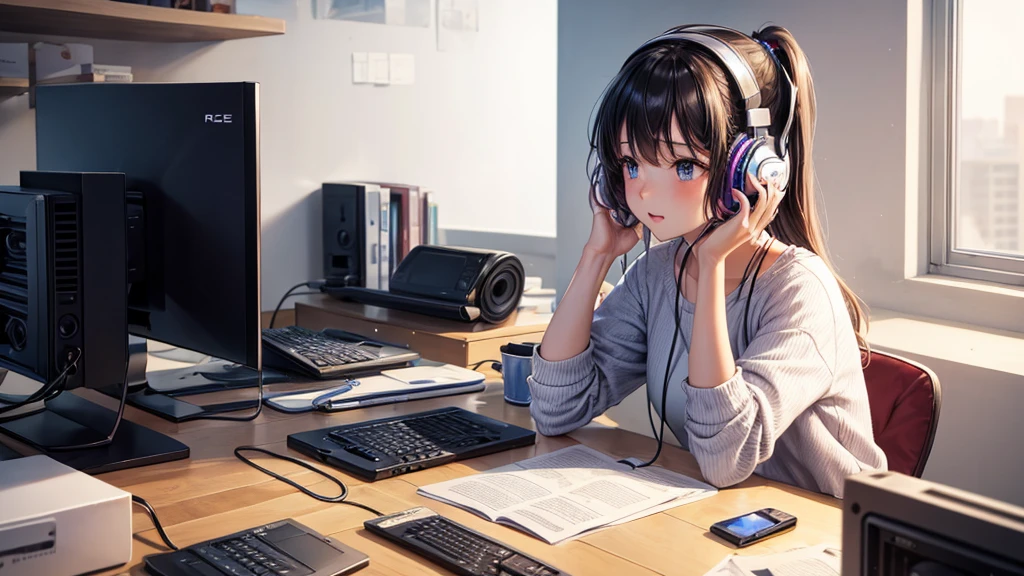 A girl is working on a PC at home while listening to music through headphones