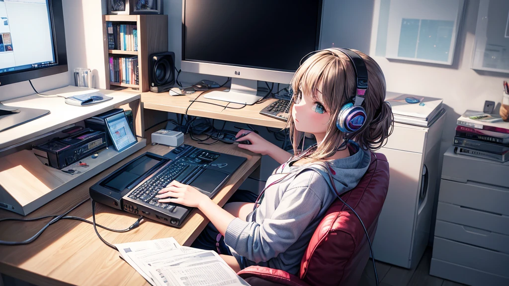 A girl is working on a PC at home while listening to music through headphones