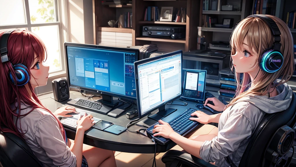 A girl is working on a PC at home while listening to music through headphones