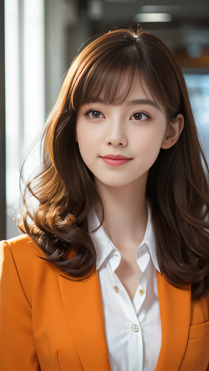 (Look away:1.5), Upper Body, Practical, Real People, (Pale skin: 1.2), RAW photos, Reality, Glowing skin, Shiny hair、(A 25-year-old woman with medium-length hair and bangs) and (curls) and (Brown hair) and (Orange eyes) , (Business suit:1.5) and (White collar shirt) 、(Smile:1.1), background is office、Solitary、Are standing