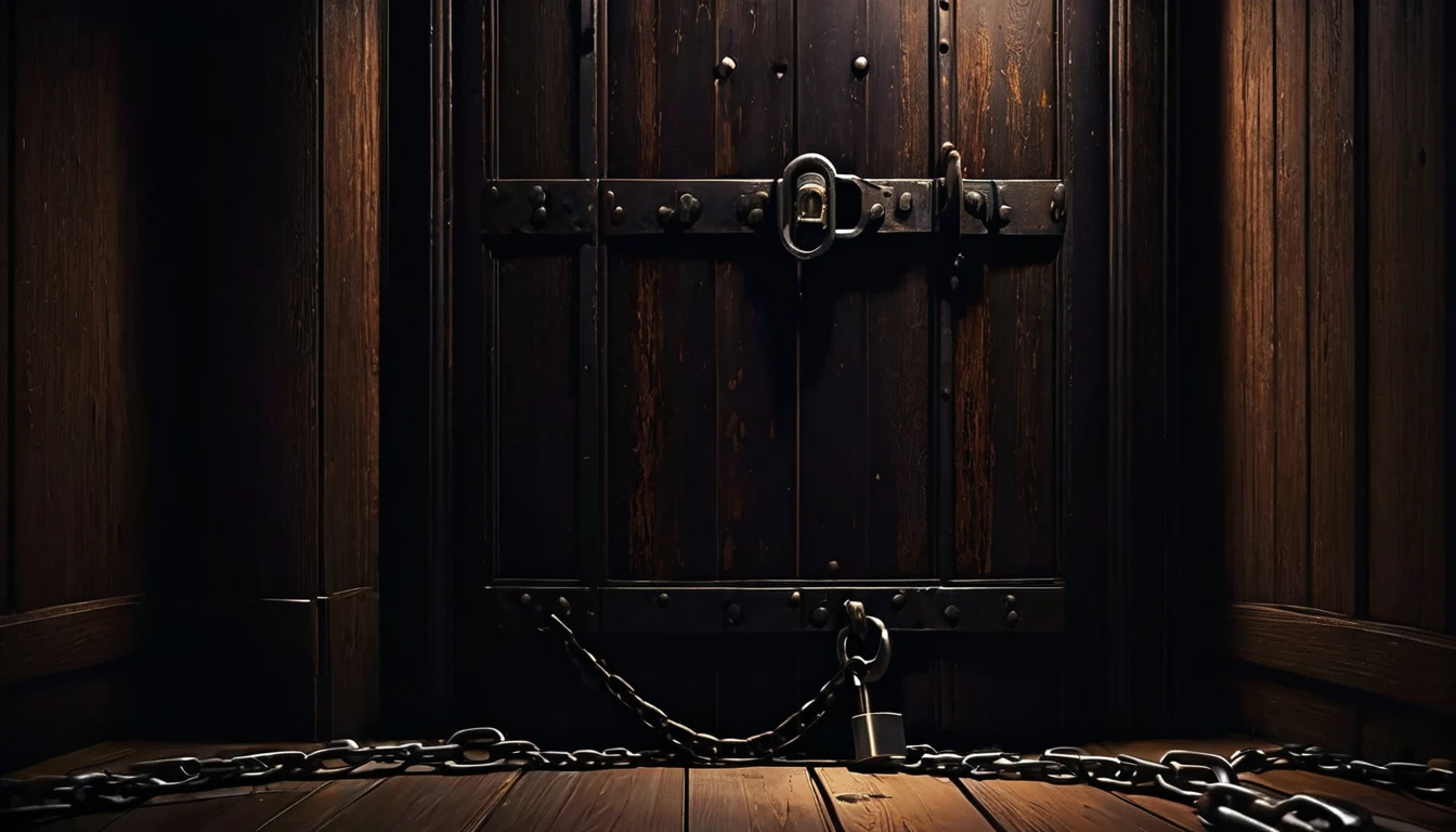 a padlocked room door and chain, intricate padlock, rusted metal door, weathered wood panels, chained door handle, mysterious locked entrance, dim lighting, eerie atmosphere, cinematic composition, moody lighting, dark shadows, dramatic lighting, dramatic contrast, realistic rendering, photorealistic, high resolution, hyperdetailed, masterpiece, award-winning