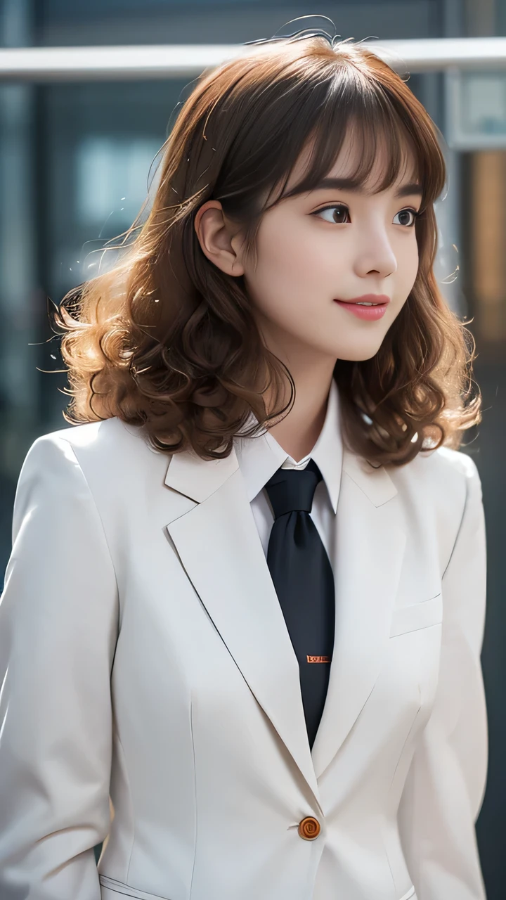 (Look away:1.5), Upper Body, Practical, Real People, (Pale skin: 1.2), RAW photos, Reality, Glowing skin, Shiny hair、(A 25-year-old woman with medium-length hair and bangs) and (curls) and (Brown hair) and (Orange eyes) , (Business suit:1.5) and (White collar shirt) 、(Smile:1.1), background is office、Solitary、Are standing