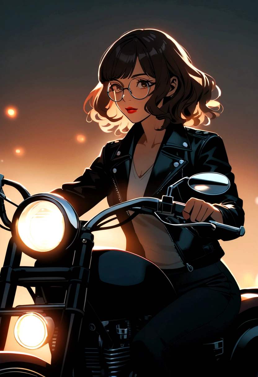 Girl with short wavy hair and bangs wearing round glasses , test light brunette with red lips, biker jacket and black flared pants on chopper motorcycle