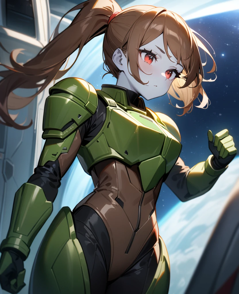 1girl,solo,red eyes,((BROWN hair:1.5)),green power armor,ponytail,((pale green skin)),green chest armor,cowboy shot,in space ship,zero gravity,Science fiction,ultra-detailed,sharp focus,aesthetic,(best quality)