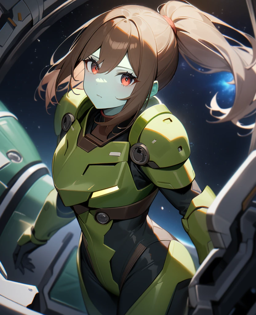 1girl,solo,red eyes,((BROWN hair:1.5)),green power armor,ponytail,((pale green skin)),green chest armor,cowboy shot,in space ship,zero gravity,Science fiction,ultra-detailed,sharp focus,aesthetic,(best quality)