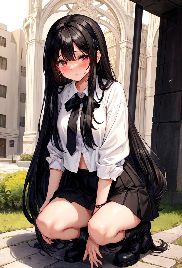 Black Hair straight Long Hair hair band White knee-high socks mini skirt Outdoor Panty shot White panties Feeling embarrassed