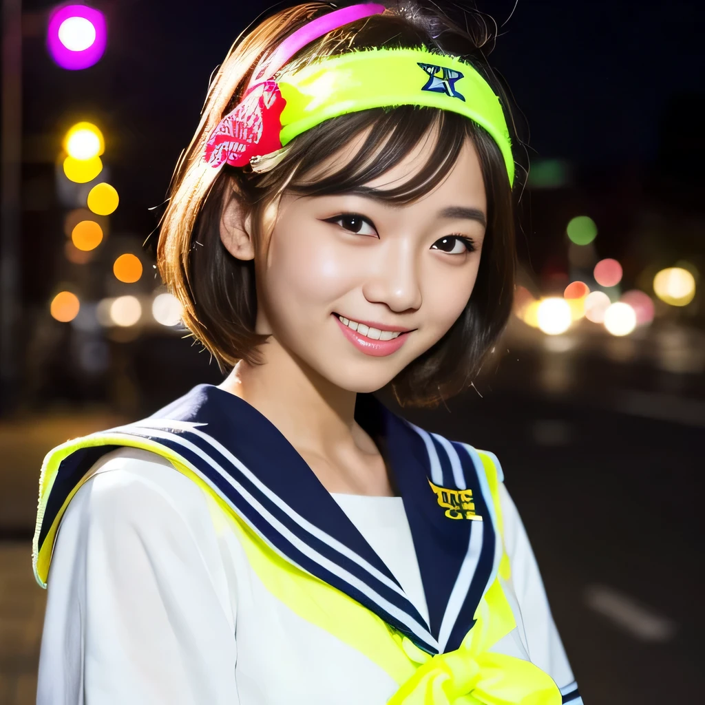best quality, ultra-detailed, realistic, BREAK (1woman), japanese, (sunglass:0.3) , (fluorescent hairband:1.8), (sailor suit:1.3), (smile:1.5), (urban street, night)