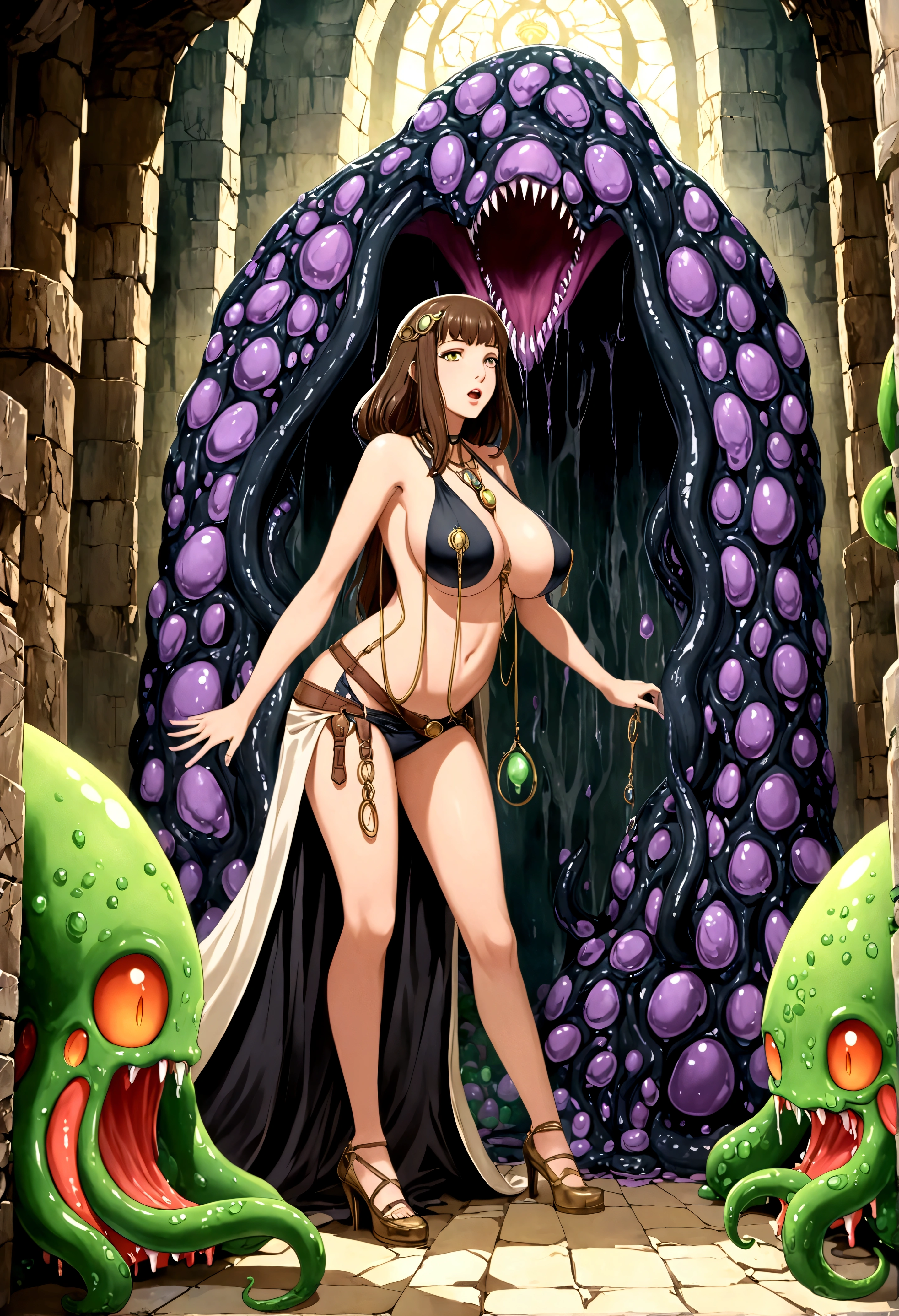 A lovely female indiana Jones (sexy explorer outfit), has discovered the throne chamber in an ancient ruin. (Eldritch symbols cover the odd obsidian wall partly obscured by slimes, molds, and fungus), (A throne of power(made of bone and gold pulsing with evil energy, its guardian is an enormous eldritch horror with many slimy tentacles and an enormous maw) beckons to her to approach the empty throne.