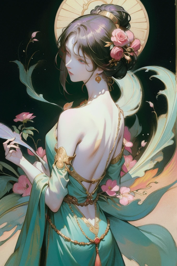 There a woman's back in ancient China, back of head,(solo),(Bare back tattoo),beautidful eyes,detailed face with,like a dream, green and pink flowers, Ukiyo-style, Works of art in the style of Guwitz, Guviz, Alphonse Mucha and Rose Drews, A beautiful artistic illustration, author:Li Song, author:heroes, author:Zou Zhe, by Zeng Jing, by Ye Xin, author:Shitao, author:Zhou Fang, korean art nouveau anime