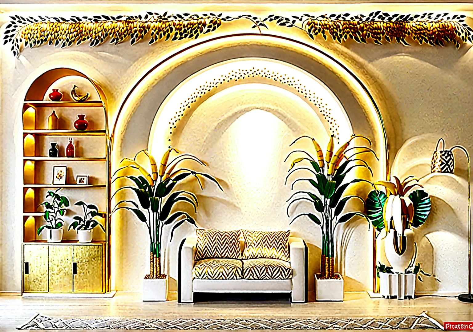 Create a stylish and simple living room，There is an arch-shaped decorative light surround on the white wall，There are golden ears of wheat inside，There is a banana tree on the right.，There are 6 shelves on the left side，There is perfume on the shelf，Potted plants，Night Light。The room should combine the texture of plasterboard and wallpaper，To present a stylish and exquisite appearance，Bright lights in the room，Soft light, Make the space feel open and bright. Incorporate simple decorative elements，Enhance modern aesthetic.Front view，Head-up，Super Detail，High-definition photography