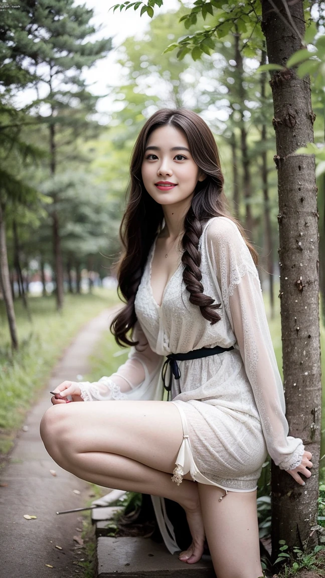 8K, super high quality, ((More than half of people move away from the center of the screen)), Beautiful chestnut hair ((Upper thigh area)), Looking at the audience, photo Practical, Highly detailed beautiful face and eyes, (Close-up hairstyle), (5 fingers), (Wearing a brown dress), (A girl in the forest), Pretty Face, Top quality, Sweat Beauty, Very refined, Full of smiles, Good shape, high quality, Practical, fantasy, Practical skin, Rich colors, Top quality, Very refined, HD original photos, Professional photographer, Solitary, Beautiful lips, Top quality, fantasy, Practical skin, Rich colors, 20 years old, HD original photos, photo Practical , Neck tilt, 32 inches in the chest, (sexy pose),(standing pose) ,(full body shot)、