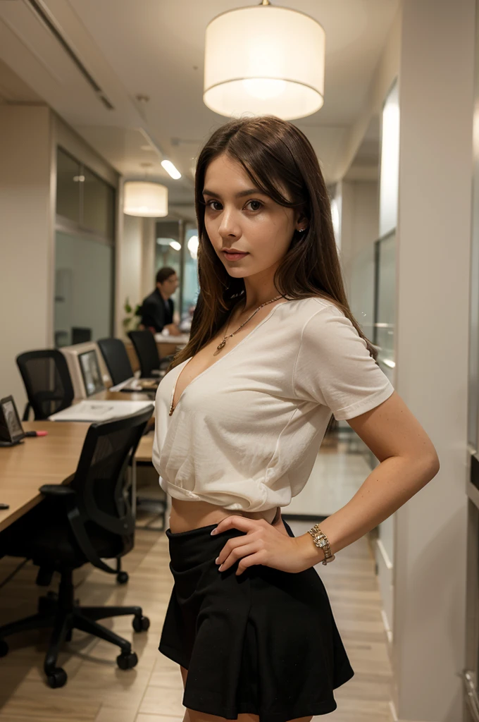 1girl in, 30 years old, Square face, Long hair, Looking at viewer, jewelry, Reality, Sexy, Short skirt outfit, , office background, free pose