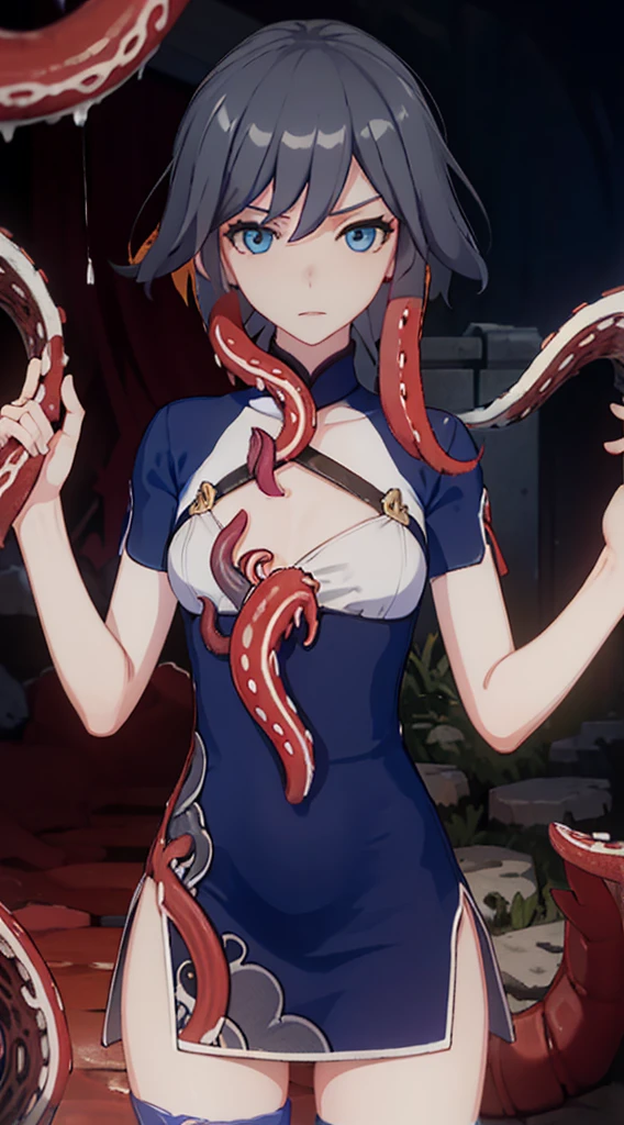 Having tentacle sex, (Many alien tentacles:1.2), Torn, China dress, Too many, Constraints, (Multiple Inserts:1.2), Short Hair, Big Breasts, (Hanging by tentacles:1.6), enjoy, aggression, Inside the cave,  Open your mouth、 Great images, Senile, It has a certain charm, Depth of written boundary, Detailed Texture, Tentacles grabbing the chest, Splash a thick  all over your body, The embarrassing parts are in full view. ((Tentacles get into clothes)), Surprised expression