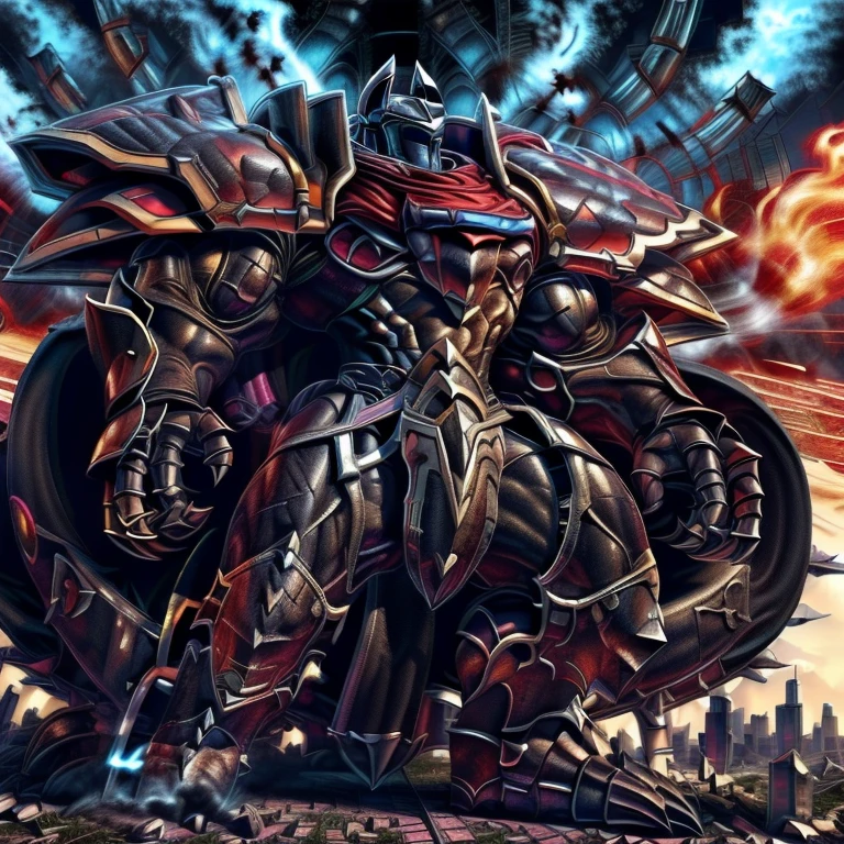 (masterpiece. official art. 8k. best quality. detailed full body. full body.)
(situation 1 : ting LUCARIO. LUCARIO is over 1000 meters long. focus GIANT mechanical Muscular LUCARIO is trampling the city. Looking down. macro. stomp. Low-angle perspective. emphasizing the immense size.)
(situation 2 :smoke and flames rising from the destruction in the city)
(Additional details 1: BlackKnight_fe. Armor. Cape. Helmet.. high-tech bio-mecha armor. real texture material. whole body shines like metal. Wearing cyberpunk mecha. emphasizes the muscles. suit fully made of metal. intricate armor. Robotic suit. suit fully made of metal. cyborg. Powered exoskeleton with the same design as LUCARIO).
(Additional details 2: Detailed head. Detailed Body. Detailed abs. gigantic muscles. HYPER MUSCLES. Gigachad Muscular. big muscle. pecs. triceps. traps. unusually developed muscular body. body full of huge muscles. showing off muscles. pectorales enormes. Exaggeratedly huge muscles. huge muscles. long legs.).
(Additional details 3: nj5furry, Spread wings. It has wings. black have big wings. The claws are sharp. Sharp teeth.).
(Additional details 4: tiny thong, metallic color: jet black thong. bulge in the crotch.)