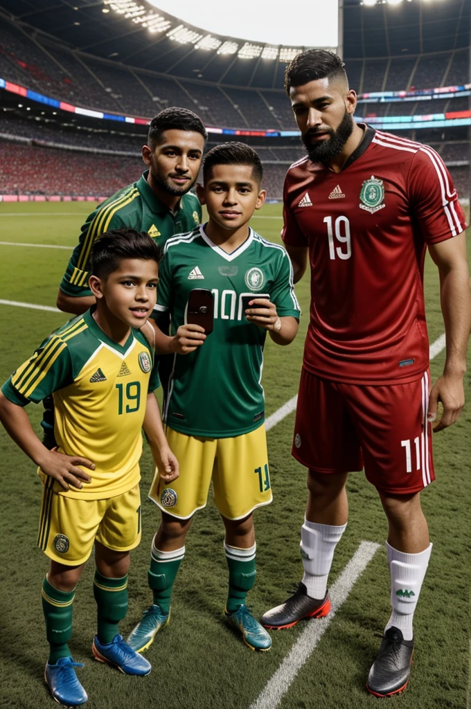 HD image created with AI, there are two handsome young men with light skin, a fashionable haircut and beard, they are wearing the uniform of the Mexican soccer team, both young men have shapely and strong bodies, on one side is an ape crying baby who is wearing the Peruvian soccer uniform, the little ape has a chain on his cell phone and an old, dirty and broken ball. The place where they are is a futuristic soccer stadium with advanced technology.