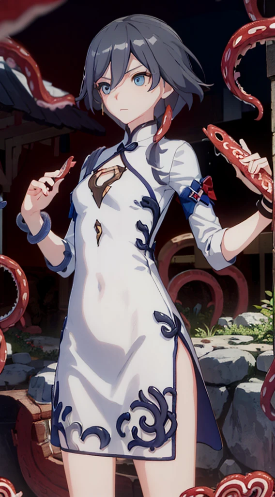 Having tentacle sex, (Many alien tentacles:1.2), Torn, China dress, Too many, Constraints, (Multiple Inserts:1.2), Short Hair, Big Breasts, (Hanging by tentacles:1.6), enjoy, aggression, Inside the cave,  Open your mouth、 Great images, Senile, It has a certain charm, Depth of written boundary, Detailed Texture, Tentacles grabbing the chest, Splash a thick  all over your body, The embarrassing parts are in full view. ((Tentacles get into clothes)), Surprised expression