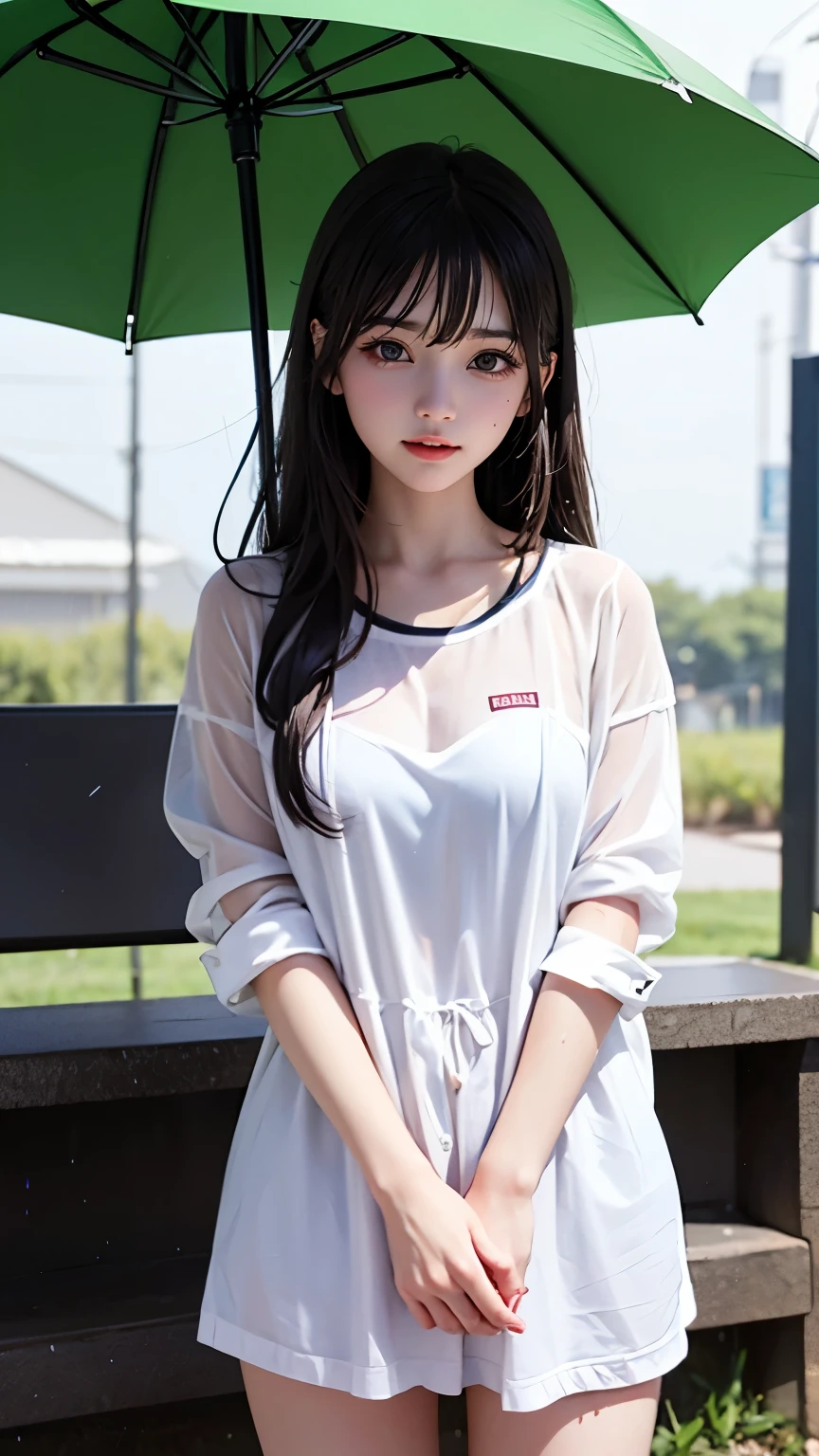 Outdoor、rain、セーラー服の美しい女子高生がrainに濡れている、My clothes are wet and transparent
