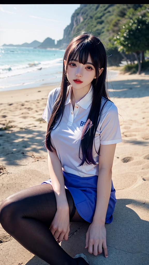 polo shirt、pantyhose/stockings、during、nsfw,revealing、Bite、Erect nipples、Wet T-shirt、Beach、Blue hair、mansuji、Purple Hair、Erect nipples