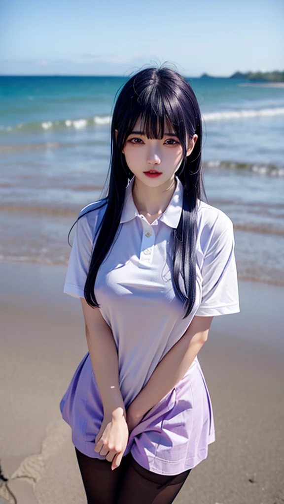 polo shirt、pantyhose/stockings、during、nsfw,revealing、Bite、Erect nipples、Wet T-shirt、Beach、Blue hair、mansuji、Purple Hair、Erect nipples
